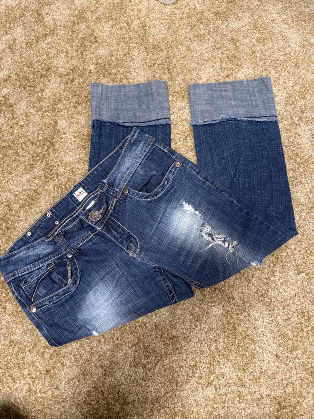 Women's Dark Blue Distressed Cuffed Crop Jeans